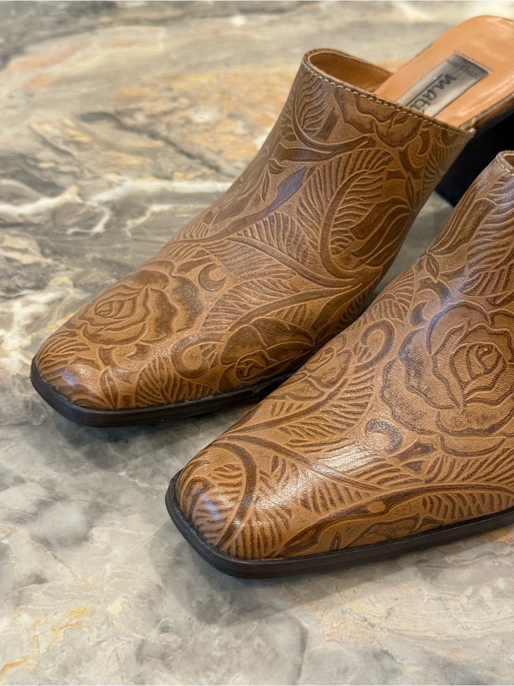 Vintage Matisse Cognac Tooled Leather Square Toe Mule Heels Size 8 Boho Western - Picture 3 of 9